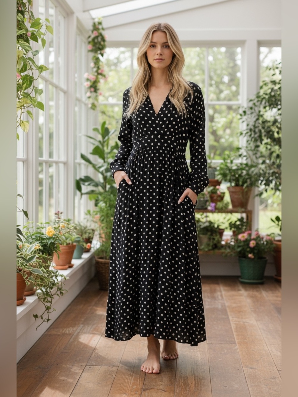 Laurence Bras Rain Maxi Dress Black/Blue Dot Sz 0